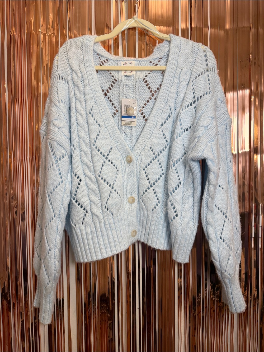 Hippie Rose Light Blue Openwork V-Neck Button Cardigan